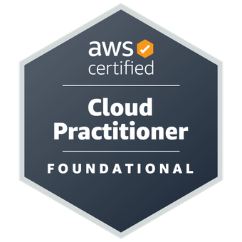 AWS Certified Cloud Practicioner badge. Links to credly.com.